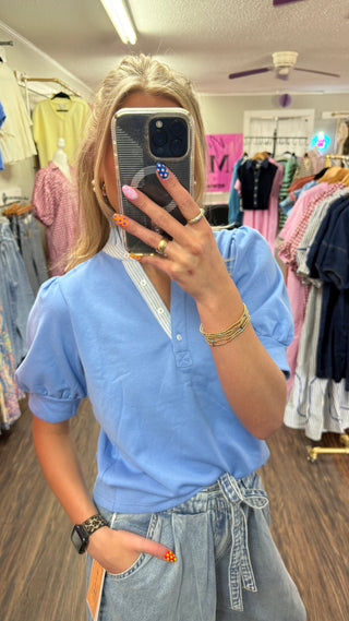 Knit Top with Seersucker Collar