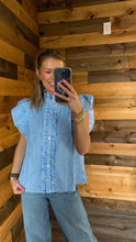 Load image into Gallery viewer, Blue &amp; White Stripe Ruffle Top