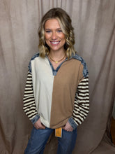 Load image into Gallery viewer, Color block waffle knit top with striped sleeves and denim checkered yoke detail for women boutique casual wear