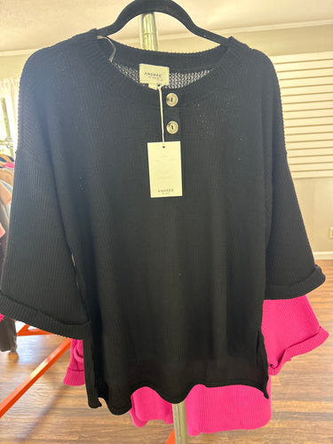 Black Button Waffle Top