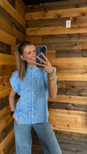 Load image into Gallery viewer, Blue &amp; White Stripe Ruffle Top