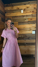 Load image into Gallery viewer, Pink Stripe Waist Cinch Pleat Dress