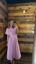 Load image into Gallery viewer, Pink Stripe Waist Cinch Pleat Dress