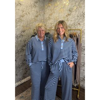 Navy and Light Blue Striped Polo Set