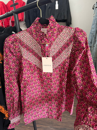 Wine Floral Smocked Top